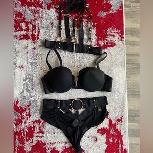 Honey Birdette Black Strappy 3 piece set - 36DD bra & L brief